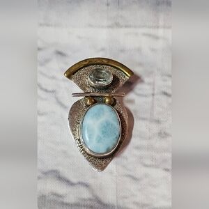 Designer Larimar And Topaz Gem Sterling Silver 925 18k Gold Arrowhead Pendant